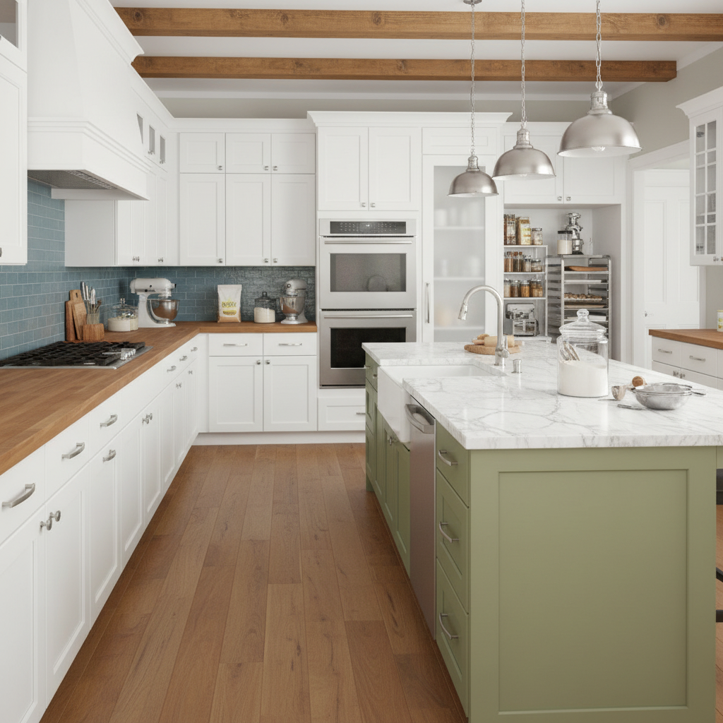 warm kitchen with satin nickel cabinet hardware and a green island 