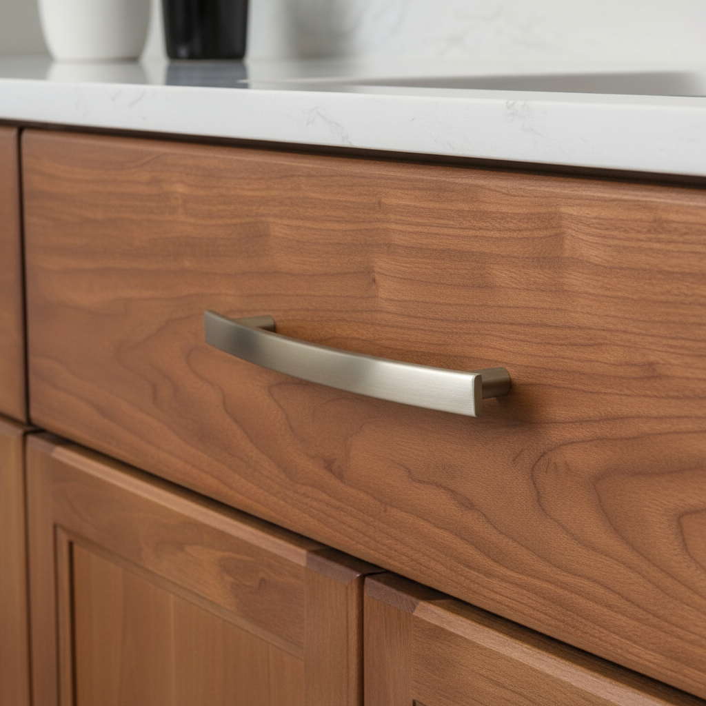 Wooden cabinet with a metallic handle in a kitchen setting