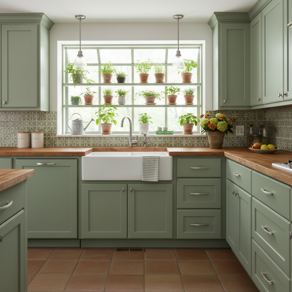 Modern kitchen with green cabinets, wooden countertops, and a window with plants.