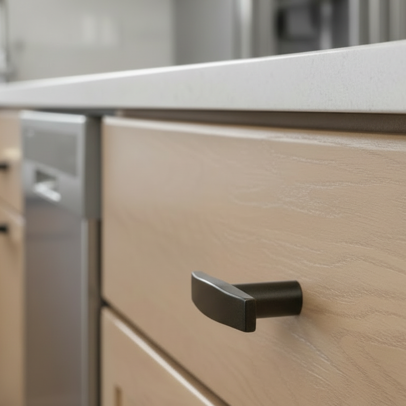 Close-up of a kitchen cabinet with a oil rubbed bronze handle on a light wood finish.
