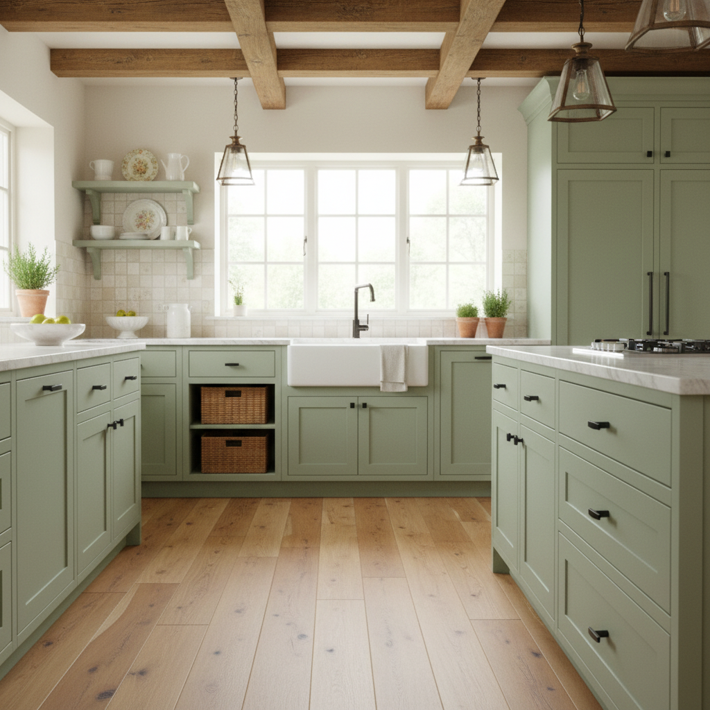 Oil rubbed bronze tbar knob installed in a kitchen with green cabinets, wooden floor, and large windows