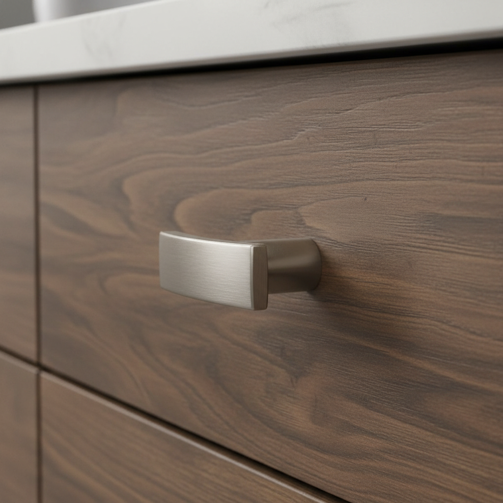 solid metal satin nickel cabinet knob on a white background