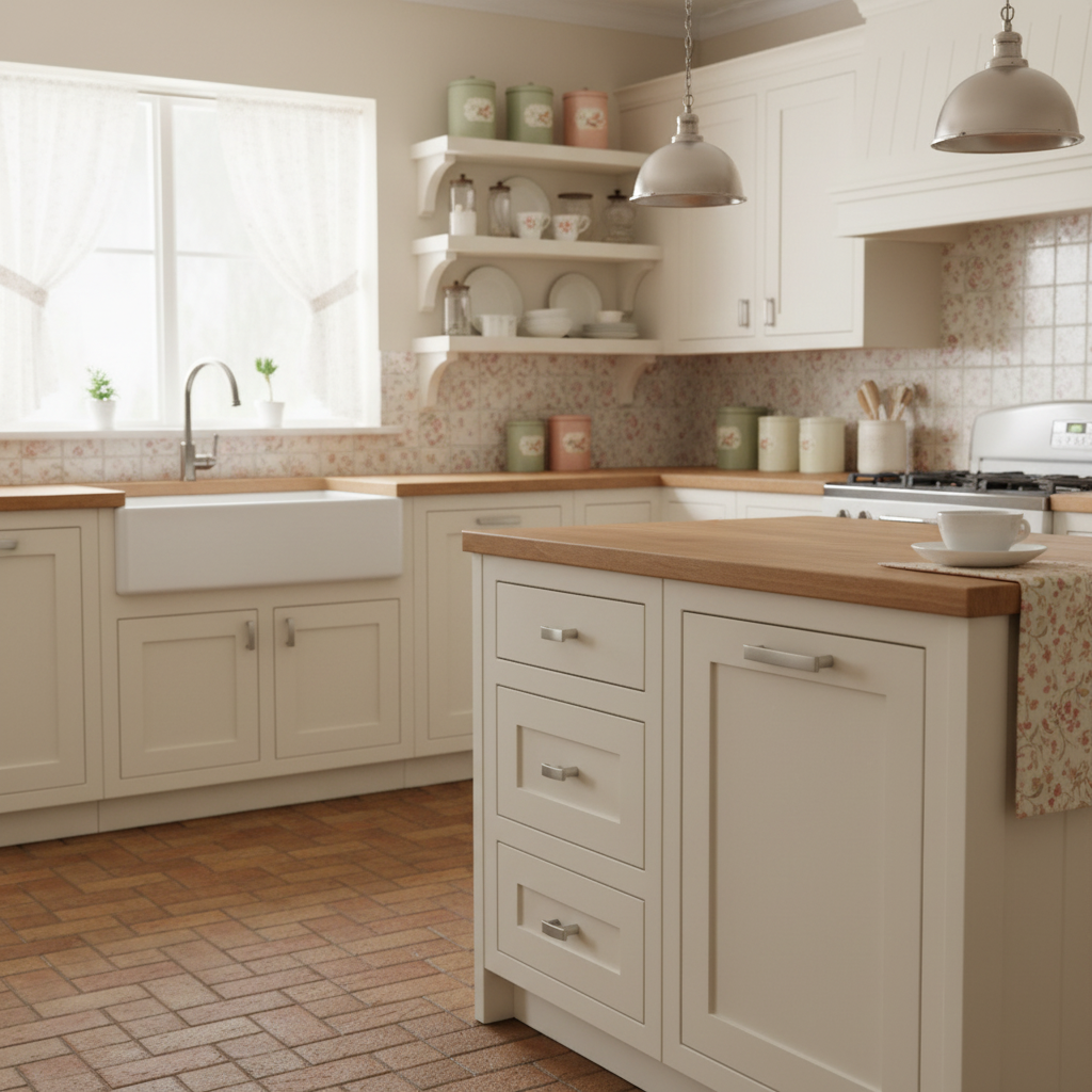 Modern kitchen with wooden countertops and white cabinets