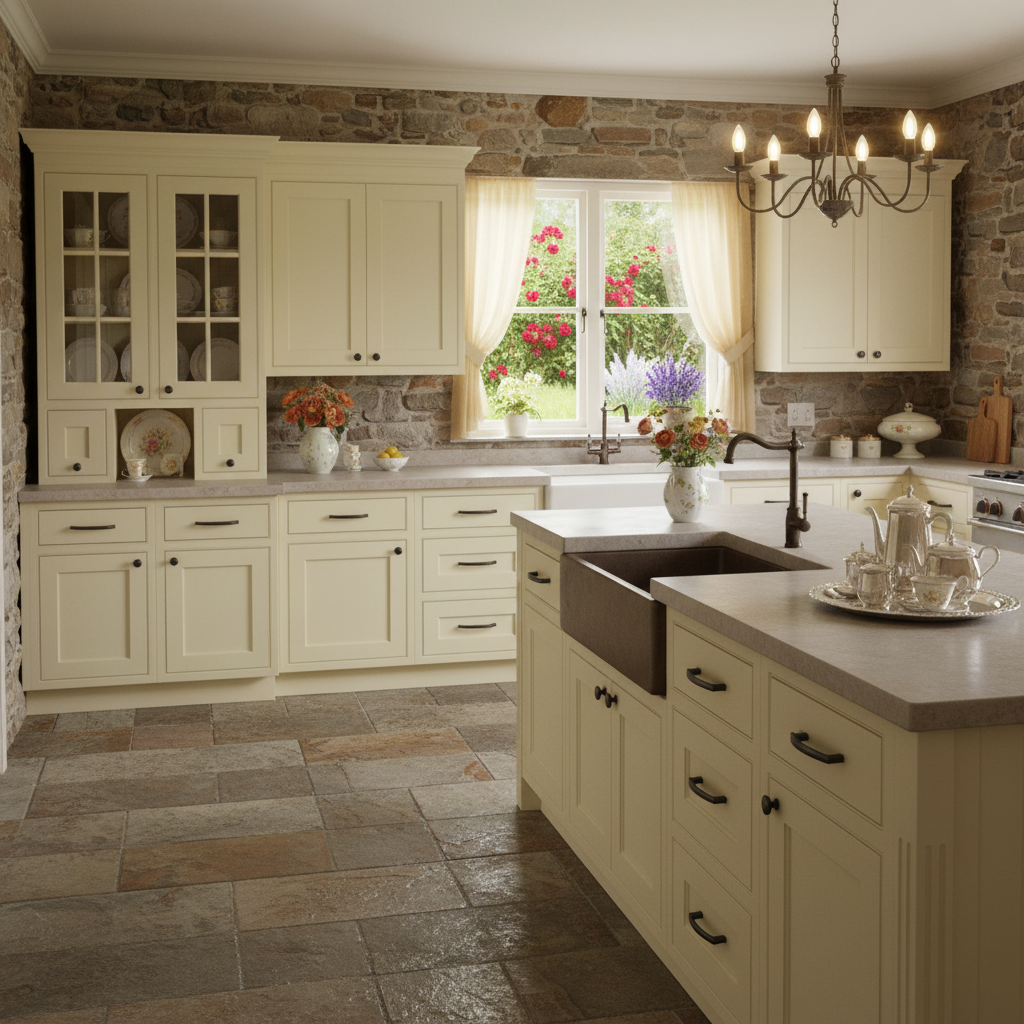 oil rubbed bronze pulls on a pretty english country kitchen 
