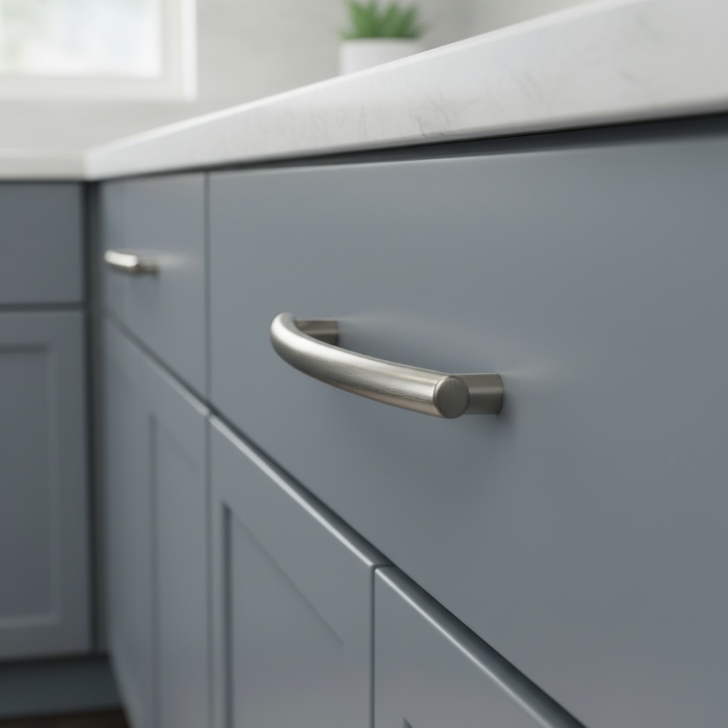 Gray kitchen cabinet with a silver handle in a blurred kitchen setting
