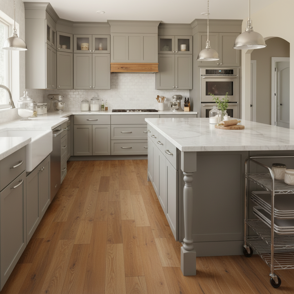 Modern kitchen with gray cabinets, marble countertops, and wooden flooring.