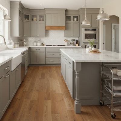 Modern kitchen with gray cabinets, marble countertops, and wooden flooring.