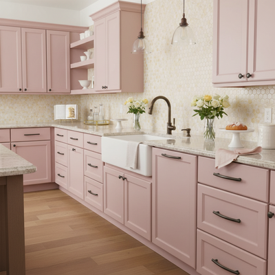 oil rubbed bronze pull on pink kitchen cabinets 
