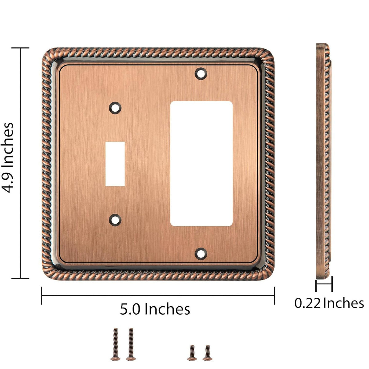 Harmon Antique Copper Single Toggle / Single Decora Rope Edge Switchplate Cover