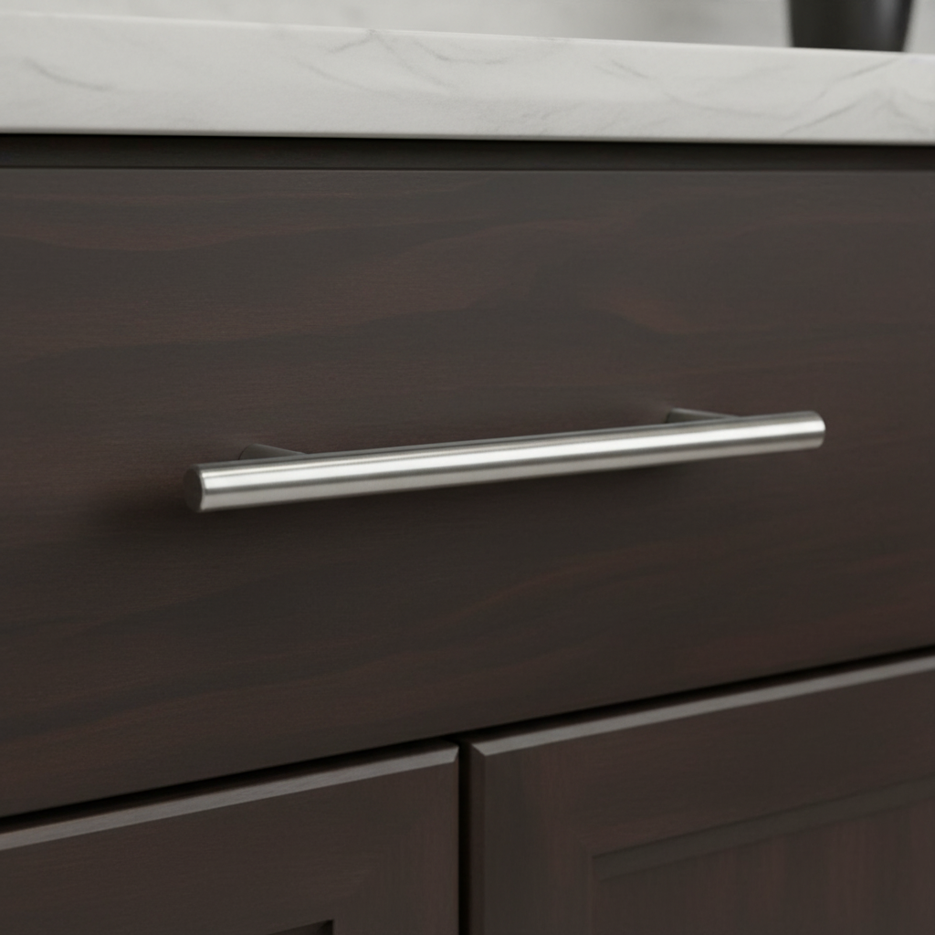 Polished chrome euro style bar pull on a brown kitchen drawer