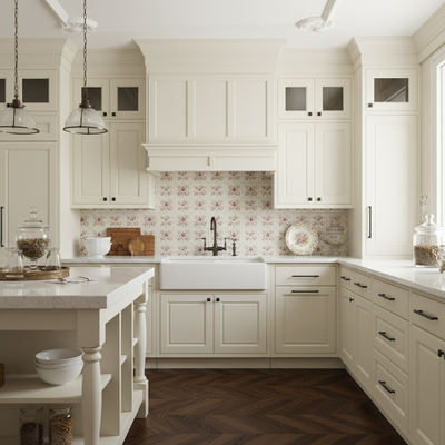Oil rubbed bronze cabinet pulls in a Victorian style kitchen with white cabinets, marble countertops, and a floral backsplash.