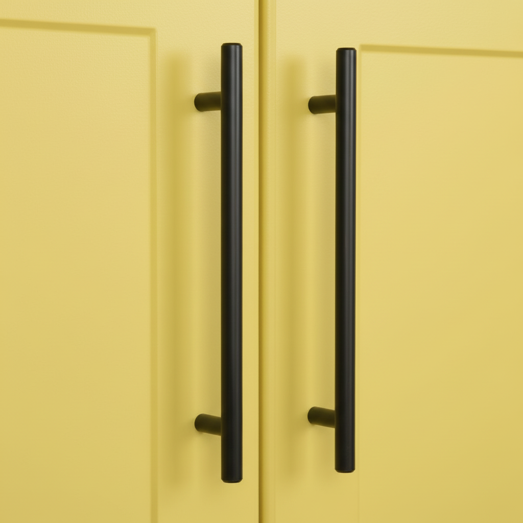 Yellow cabinet doors with black handles on a yellow background