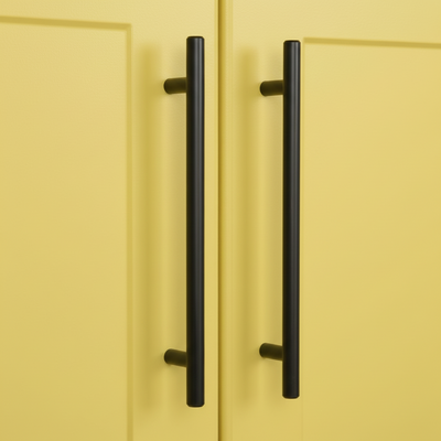 Yellow cabinet doors with black handles on a yellow background