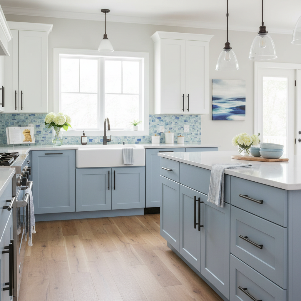 Modern kitchen with gray cabinets, white countertops, and a blue backsplash.