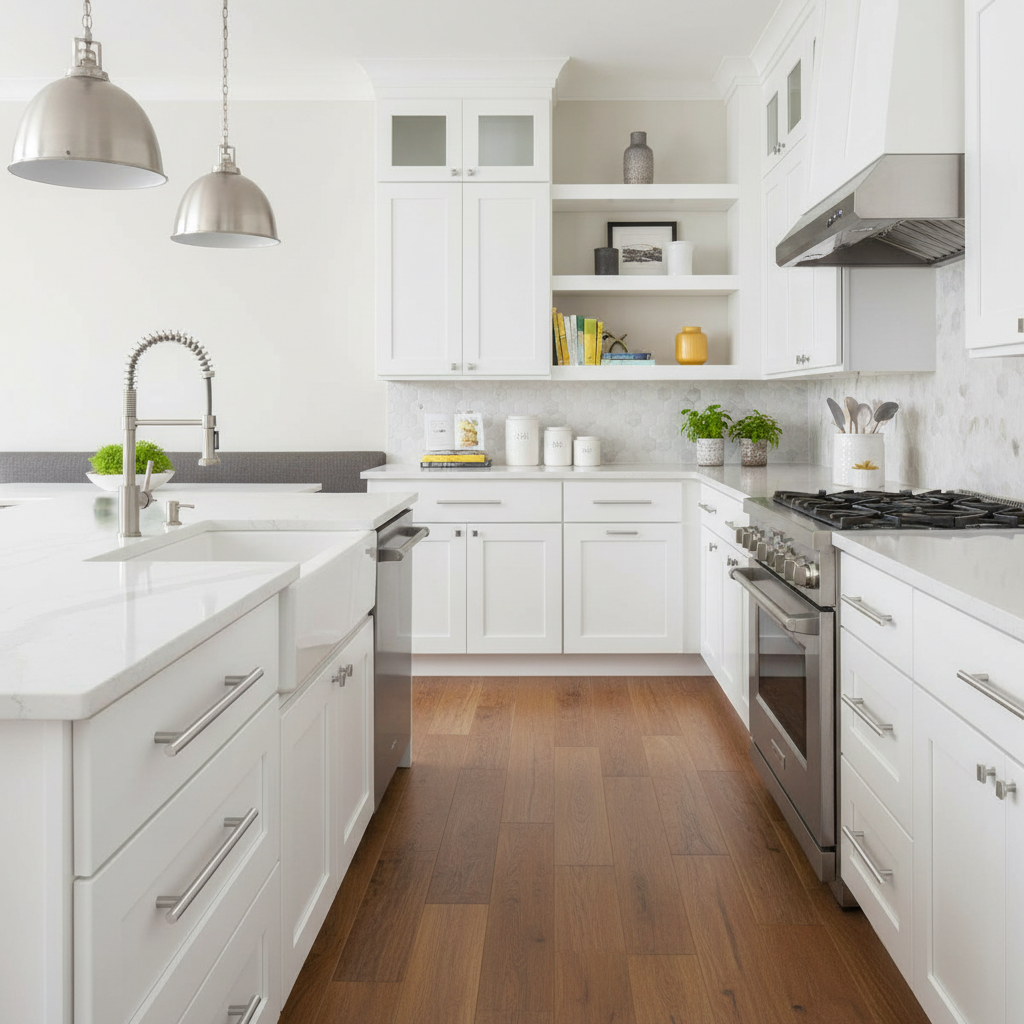 Modern kitchen with white cabinets, stainless steel appliances, and wooden floor.
