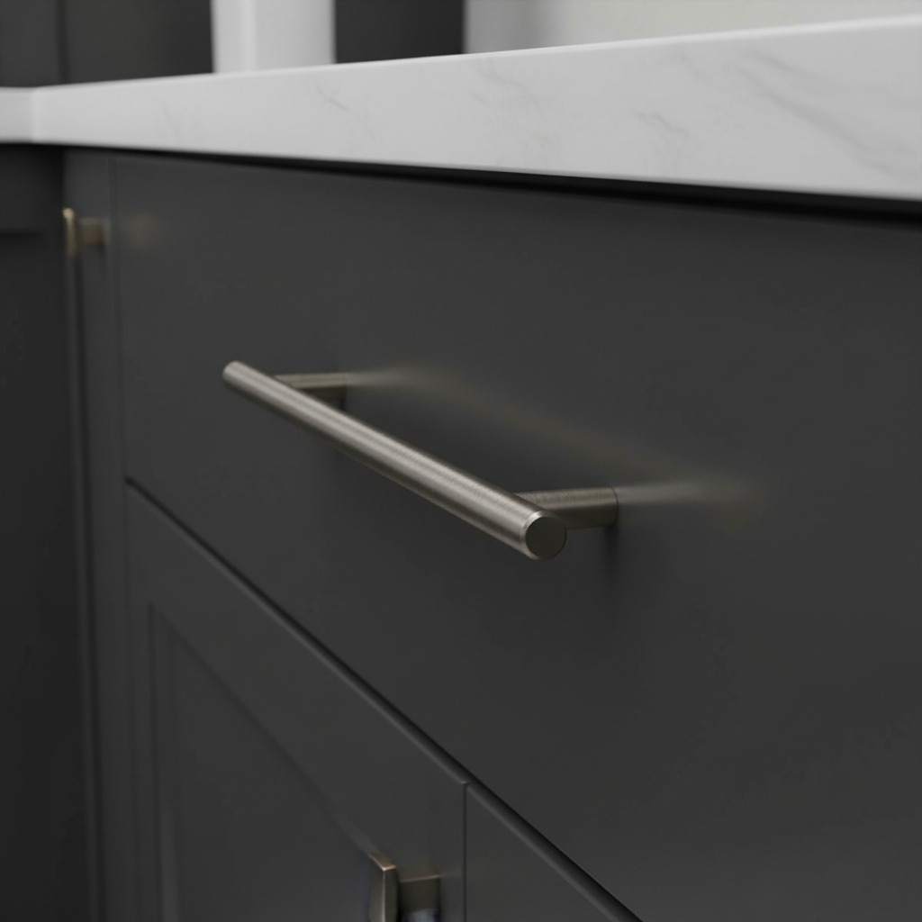 Dark gray cabinet with a metallic handle on a blurred background