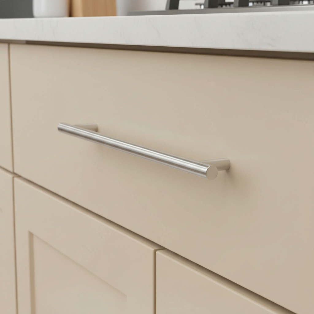 Close-up of a beige kitchen cabinet with a silver handle polished chrome
