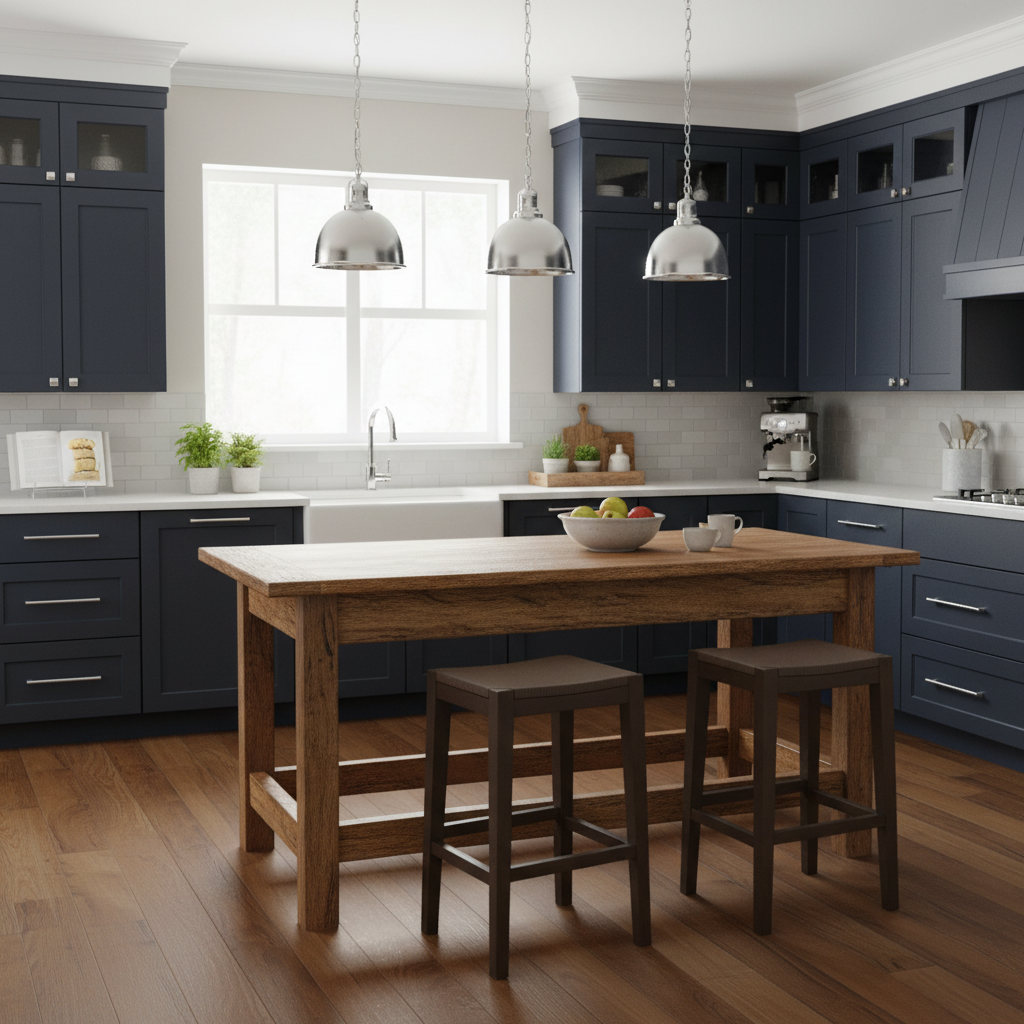 navy kitchen with chrome handles and decor 
