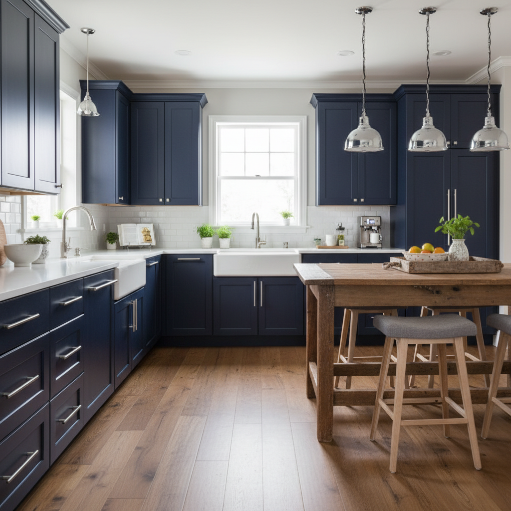 navy kitchen with chrome solid metal bar pull handles 