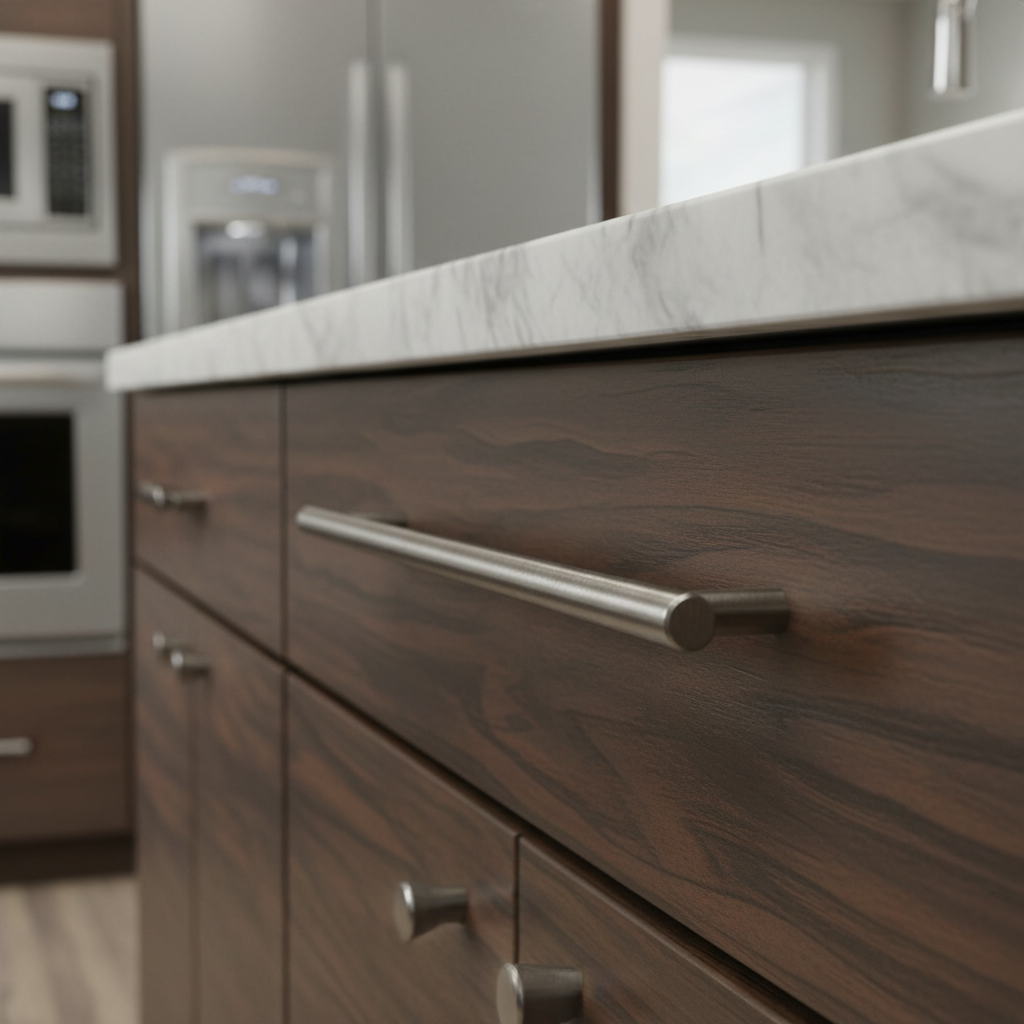 satin nickel bar pull on a brown cabinet 