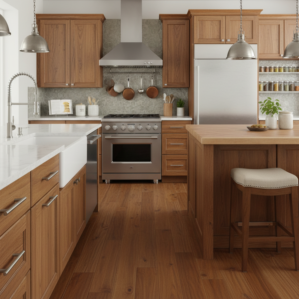 Modern kitchen with wooden cabinets, stainless steel appliances, and a island.