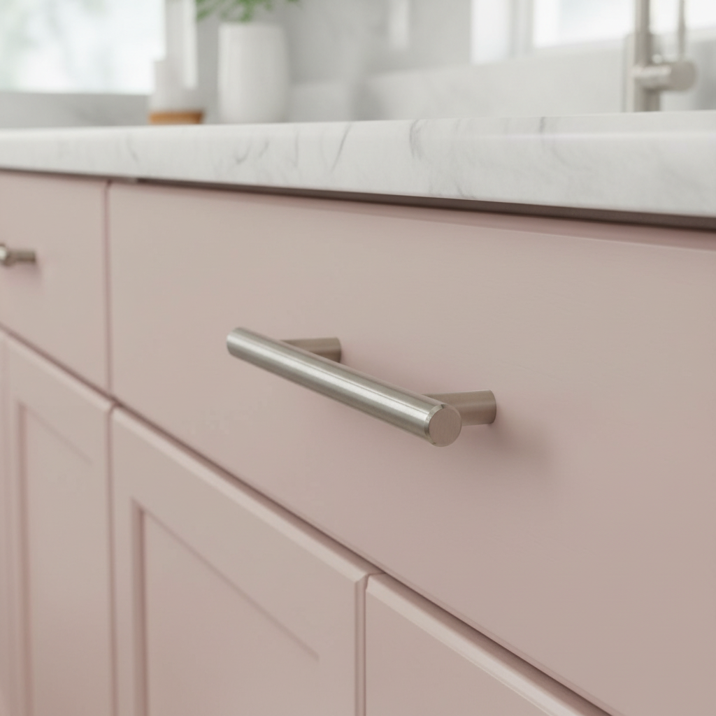 Close-up of a pink kitchen cabinet with a silver handle
