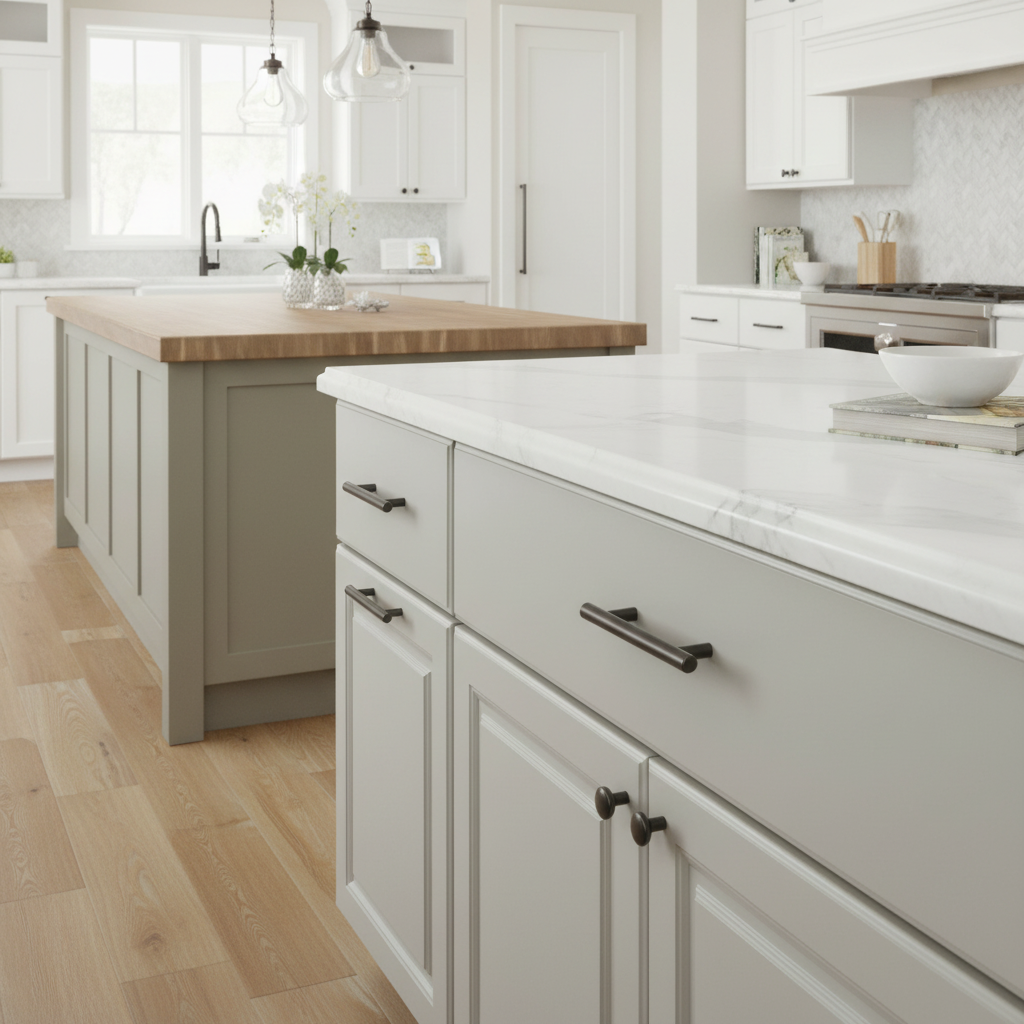 Oil rubbed bronze bar pulls in a pretty
 kitchen with light gray cabinets, white countertops, and wooden island.