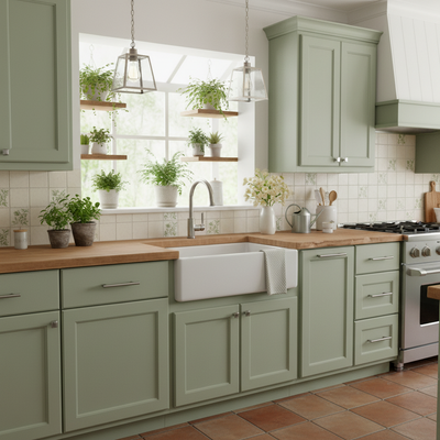 Modern kitchen with green cabinets, wooden countertops, and white appliances.
