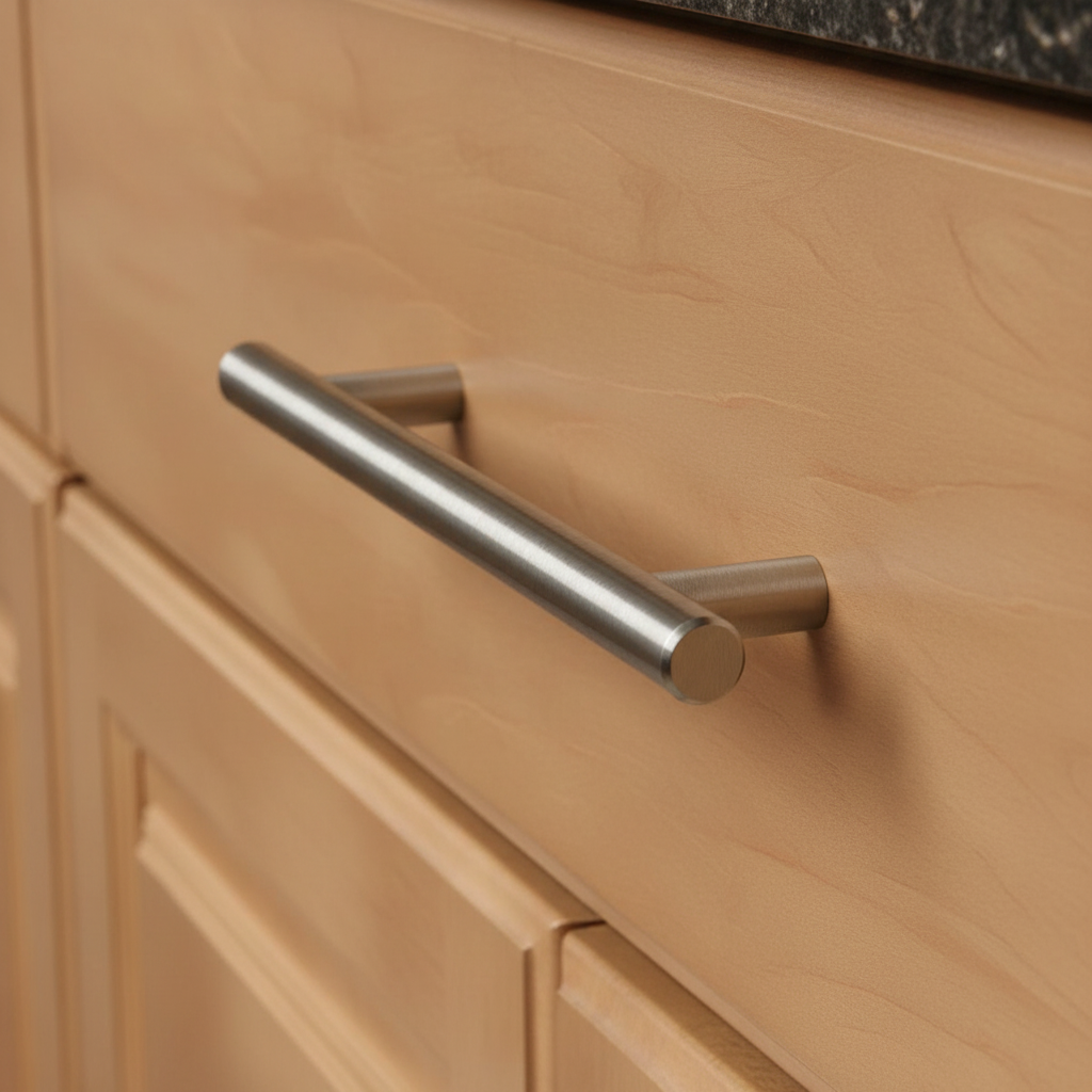 Stainless steel handle on a wooden cabinet