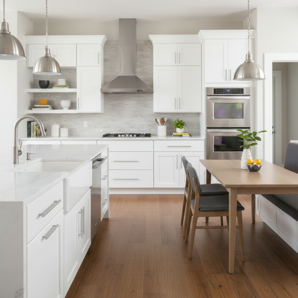 Modern kitchen with white cabinets, stainless steel appliances, and a dining table.