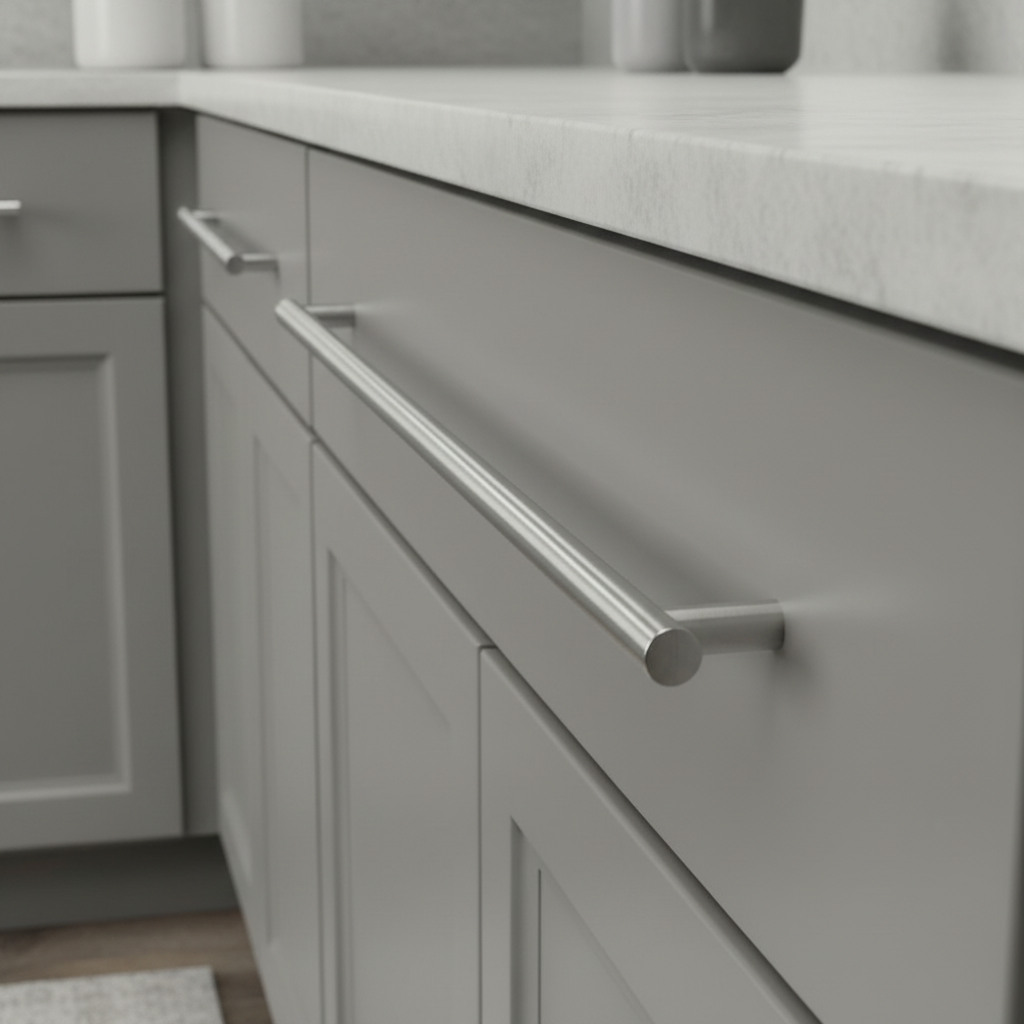Gray kitchen cabinets with metallic handles in a modern kitchen setting