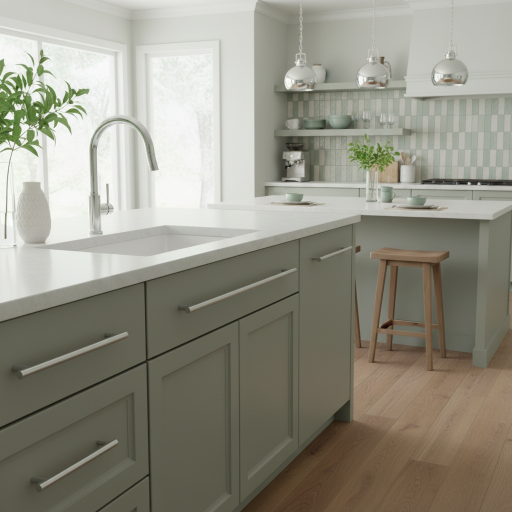 Modern kitchen with green cabinets, white countertops, and wooden floor.