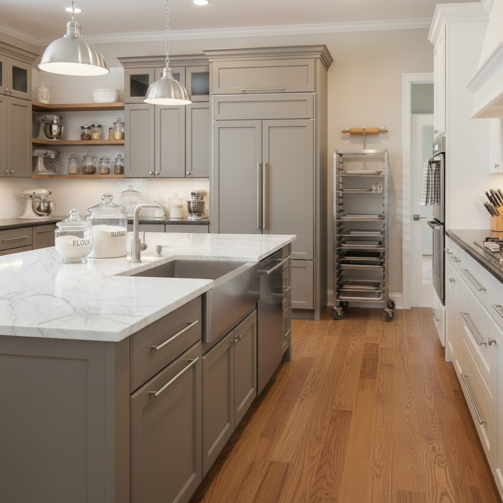 Modern kitchen with gray cabinets, marble countertops, and stainless steel appliances and extra long satin nickel cabinet pulls. 