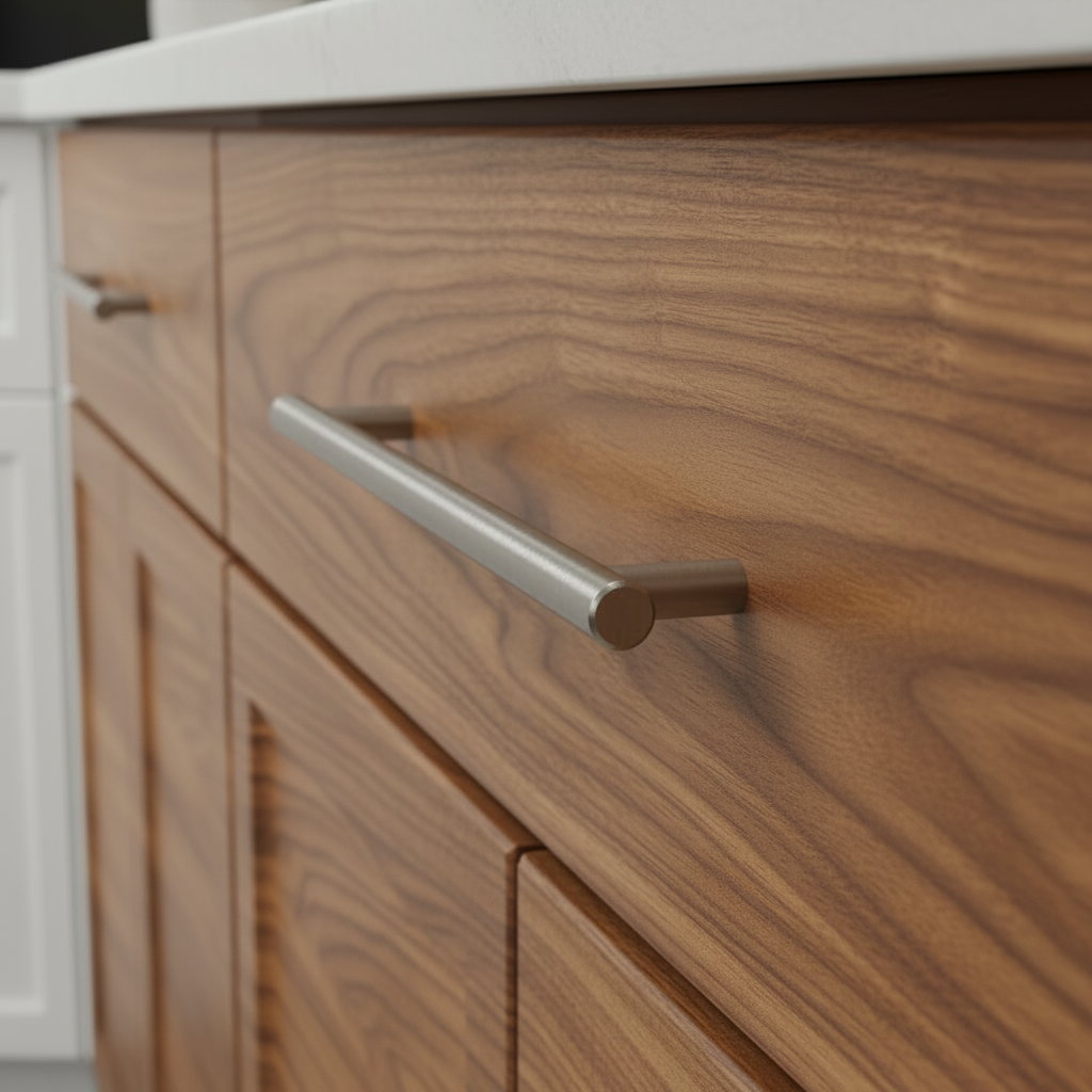 Close-up of a pink cabinet with a silver handle