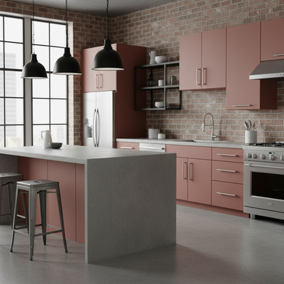 Modern kitchen with pink cabinets, gray island, and brick wall.