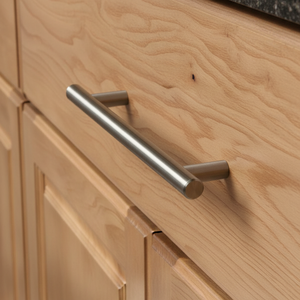 Silver cabinet pull on a wood drawer 