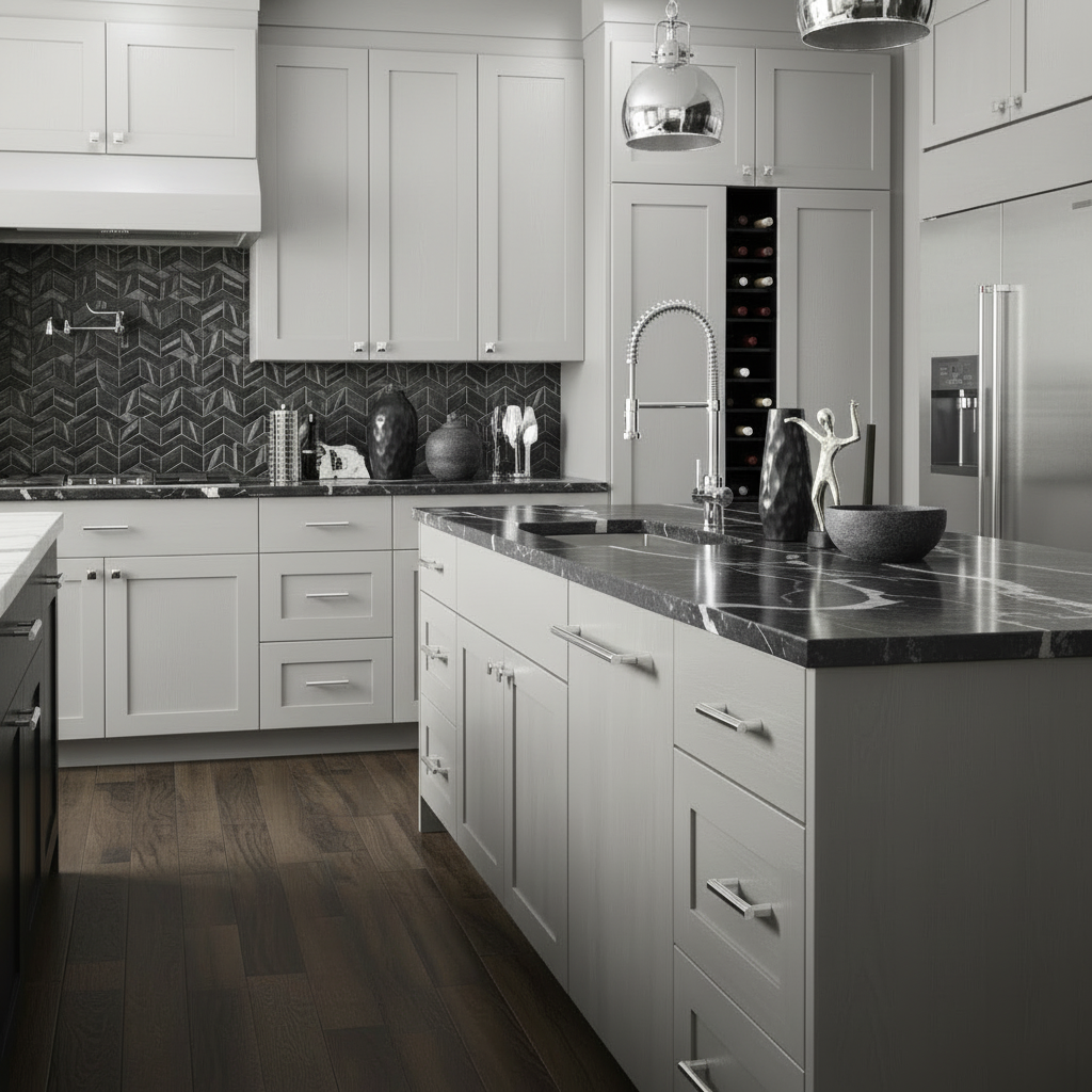 Close-up of a kitchen cabinet with of a chrome handle in a modern kitchen 
