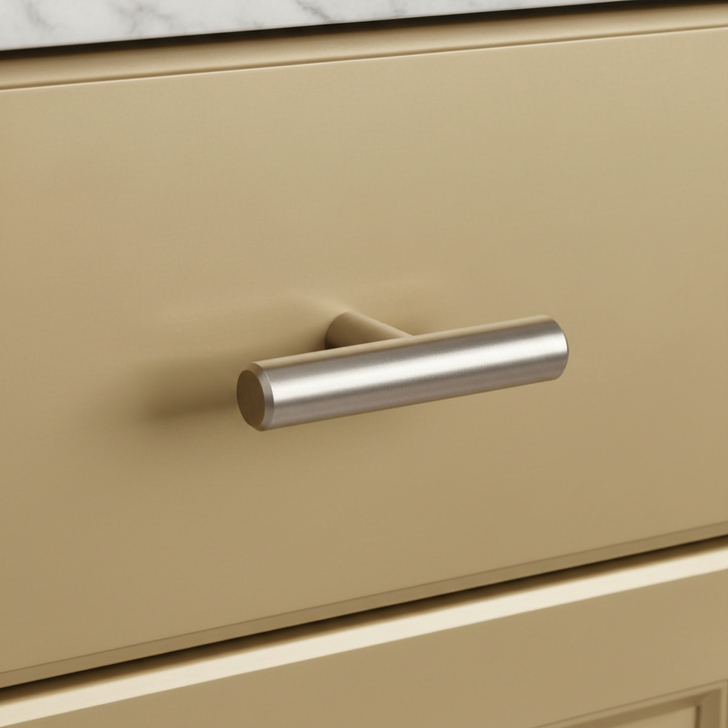 Beige drawer with a metallic handle on a kitchen cabinet.