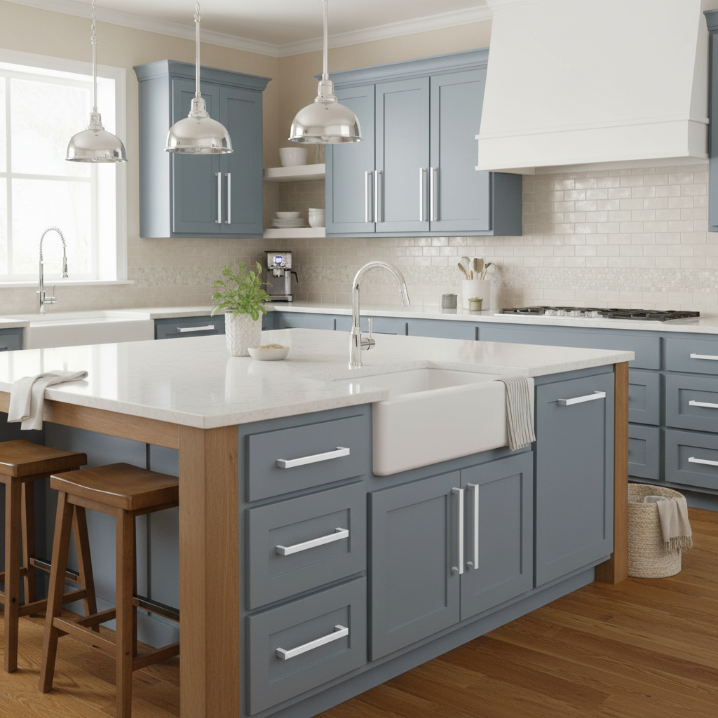 A polished chrome cabinet pull with a sleek, modern design on a blue modern cabinet in a pretty kitchen