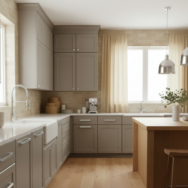 taupe kitchen cabinets with chrome modern handles 
