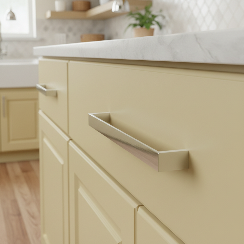 A polished chrome cabinet pull with a simple, sleek design.