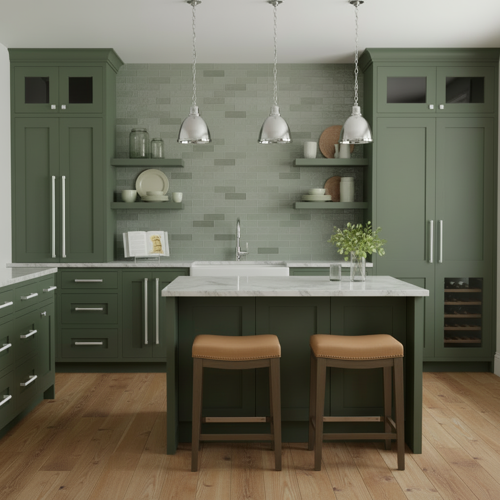 Modern kitchen with green cabinets, white countertops, and wooden flooring.