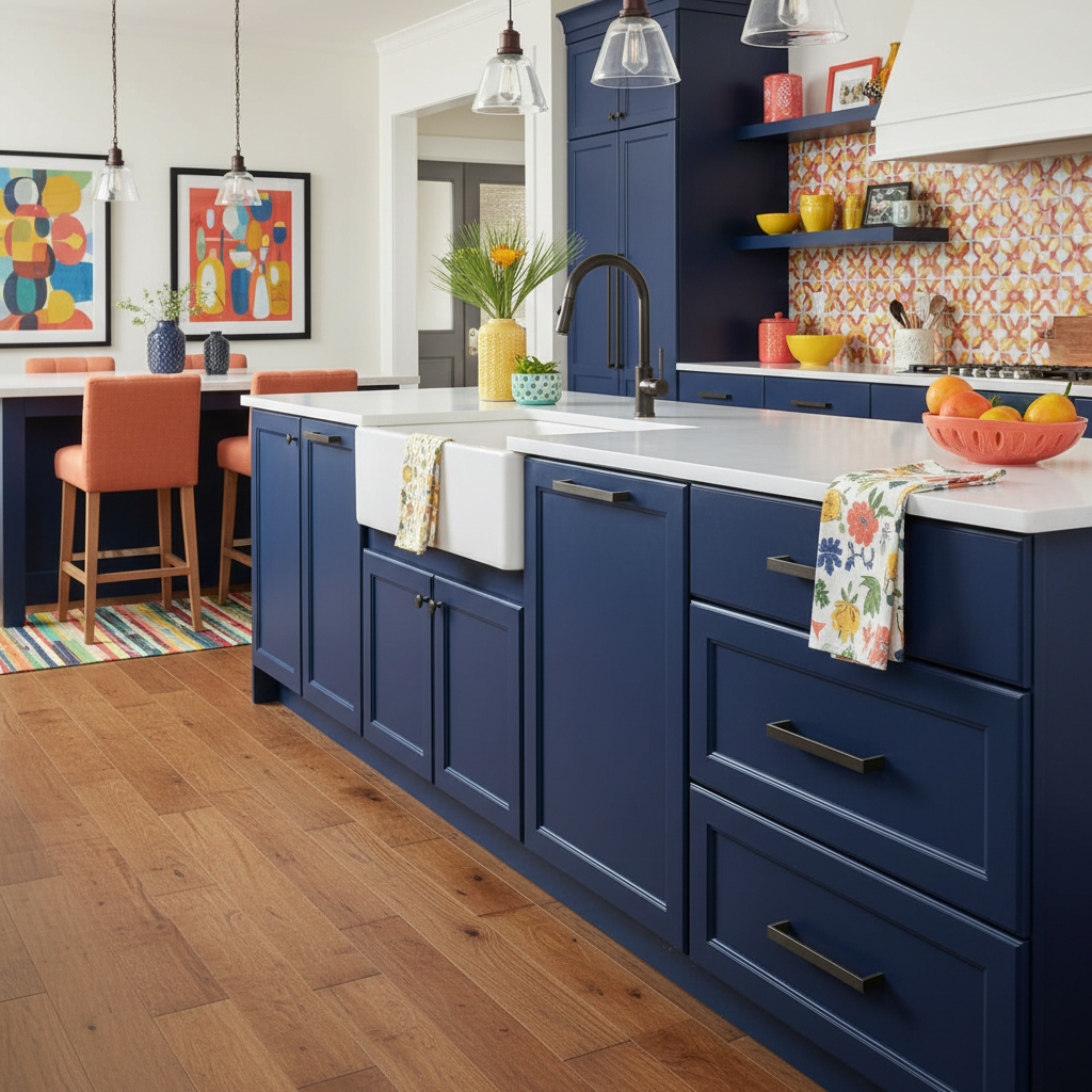 Modern kitchen with blue cabinets, white countertops, and colorful decor.