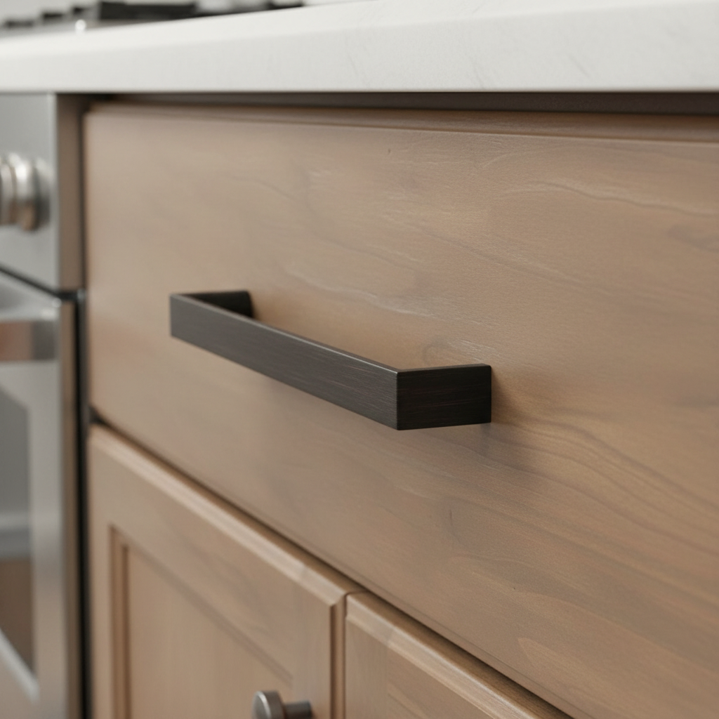 An oil rubbed bronze metal cabinet pull by Cosmas.