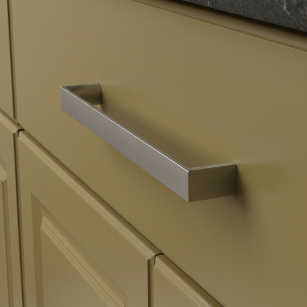 A satin nickel cabinet pull with a sleek, modern design.