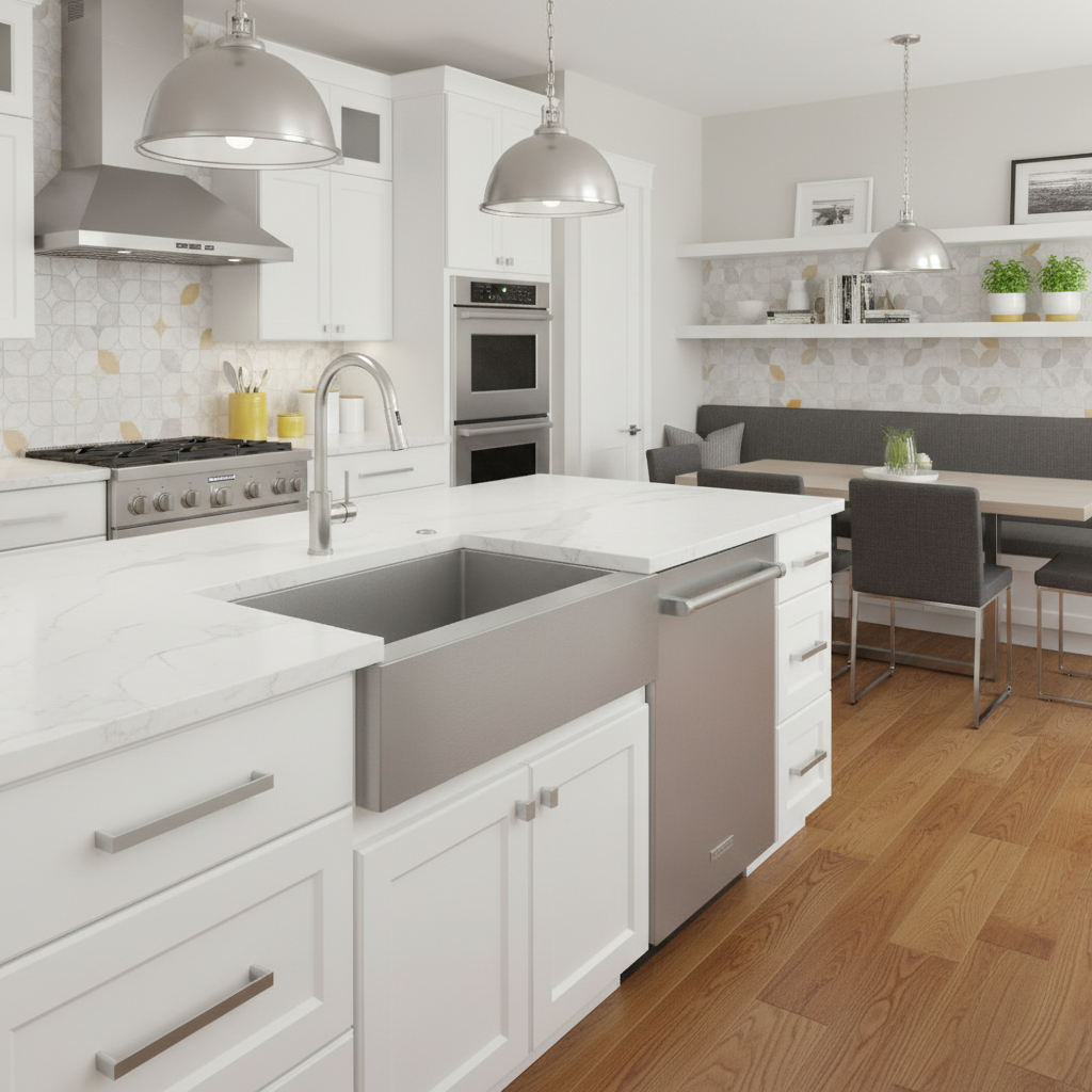 Modern kitchen with white cabinets, stainless steel appliances, and a dining area.