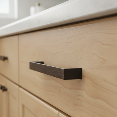 An oil rubbed bronze metal cabinet pull with a rectangular shape and a mounting screw visible on the back.