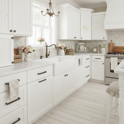 White kitchen with marble countertops and stainless steel appliances
