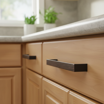 Close-up of wooden kitchen cabinets with black handles in a blurred kitchen setting.