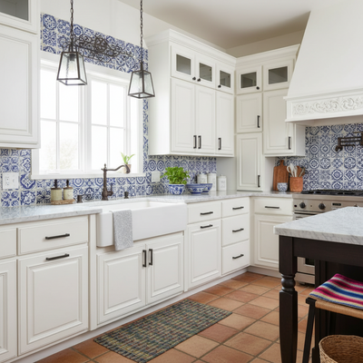 Modern kitchen with white cabinets, tiled backsplash, and wooden floor.